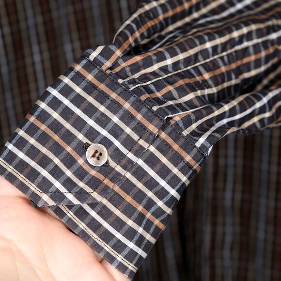 Ted Baker 100% Cotton Check Plaid Button Down Shirt Classic Office Brown Cream - Picture 6 of 8